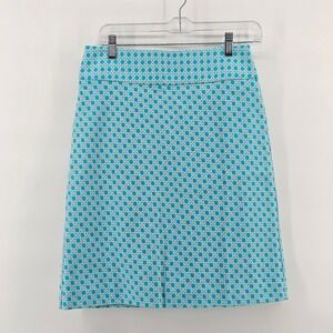 Talbots Pencil Skirt Womens 4P Turquoise White Geometric Lattice Cotton Mini